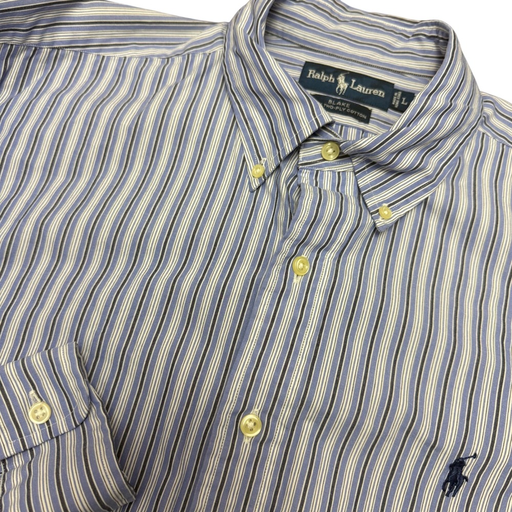 Ralph Lauren Blake Mens Large Blue Striped Button Down 100% Two-Ply Cotton Shirt